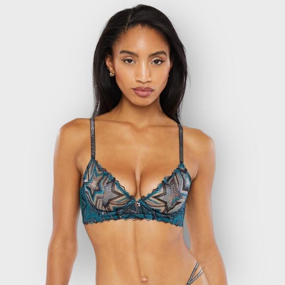 Savage X Fenty Shining Star Embroidered Unlined Demi Bra | 32D | Blue Festival - Picture 7 of 10